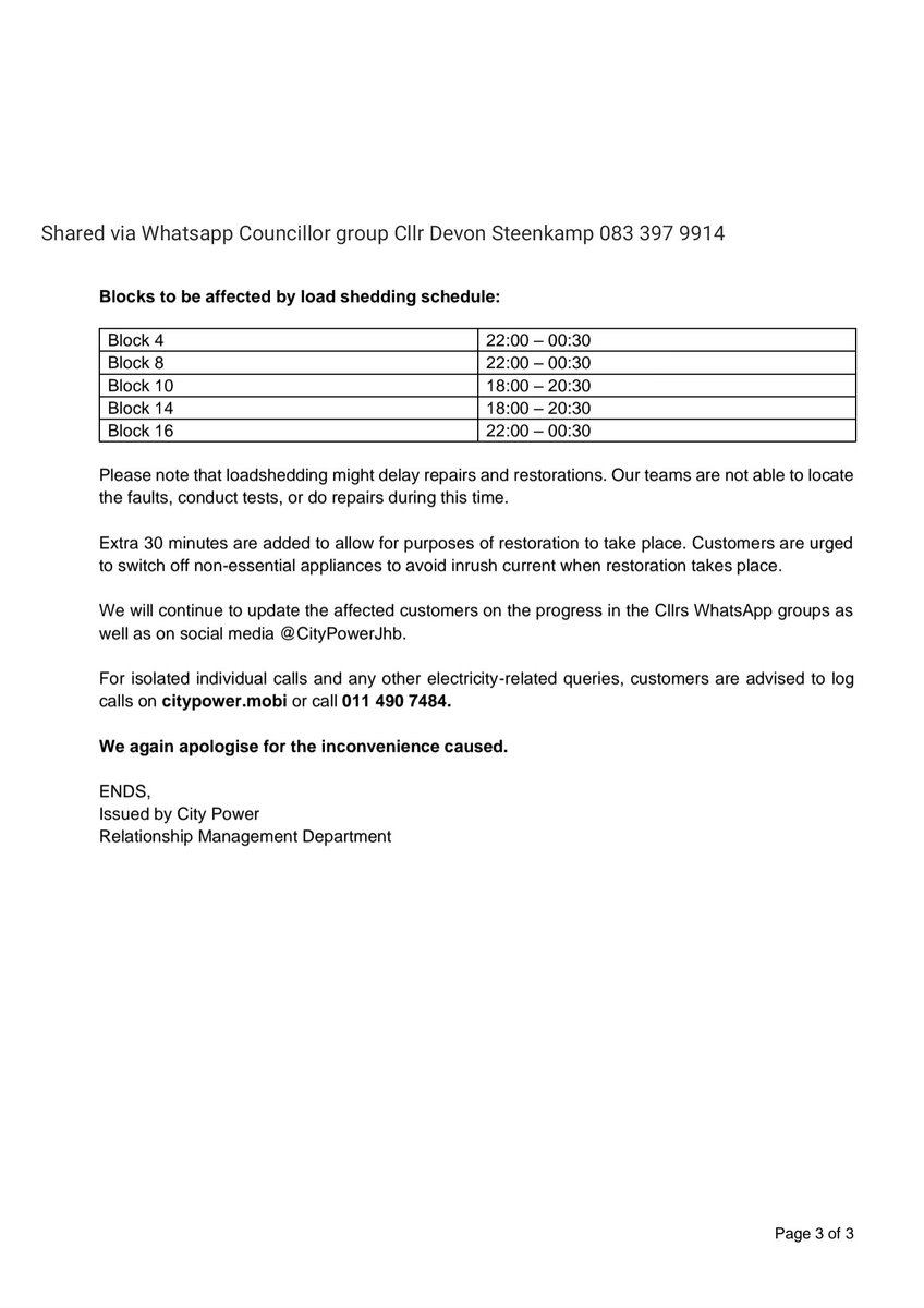 THEDEVCHEV's tweet image. ⚡ #CityPower outages latest update