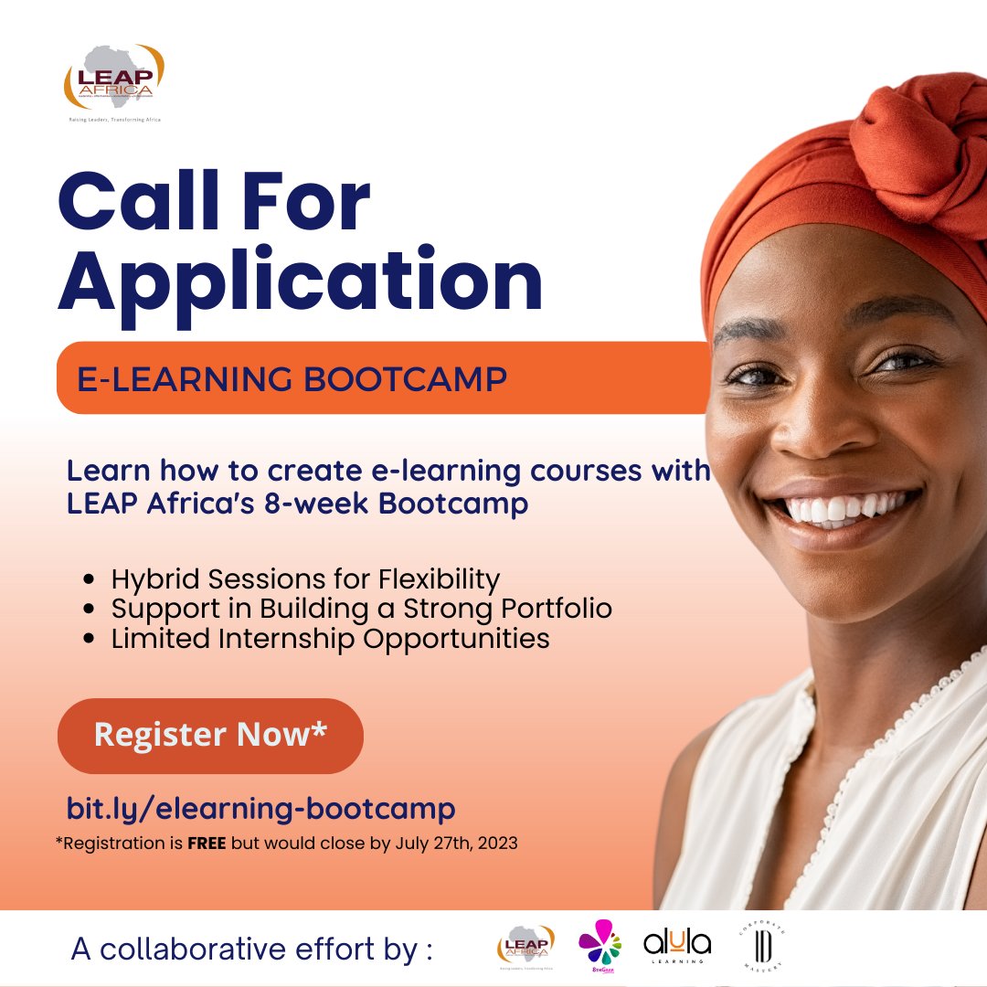 LEAPAfrica's tweet photo. Unlock your potential with our FREE E-Learning Boot Camp! 🚀 Gain essential skills and empower yourself as you learn from our e-learning team and our partners.
To register for the boot camp, visit: https://t.co/28Voz7FJJG
Registration closes on July 27th
#LEAPAfrica #Elearning https://t.co/LnkGymAX0e