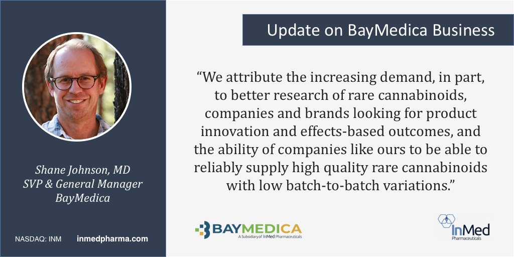 inmedpharma's tweet photo. InMed provides update on subsidiary @BayMedica 

“We attribute the increasing demand, in part, to better research of rare #cannabinoids…and the ability of companies like ours to be able to reliably supply high quality rare cannabinoids.”

https://t.co/SsDvEDxf2K

$INM https://t.co/EeKhky0pKb