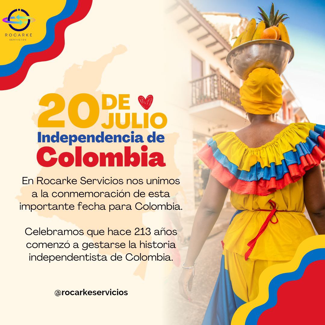 En Rocarke Servicios nos unimos a la conmemoración de esta importante fecha para Colombia 
20 de Julio Día de la Independencia
Celebramos que hace 213 años comenzó a gestarse la historia independentista de Colombia
#ColombiaDesdeElCorazon