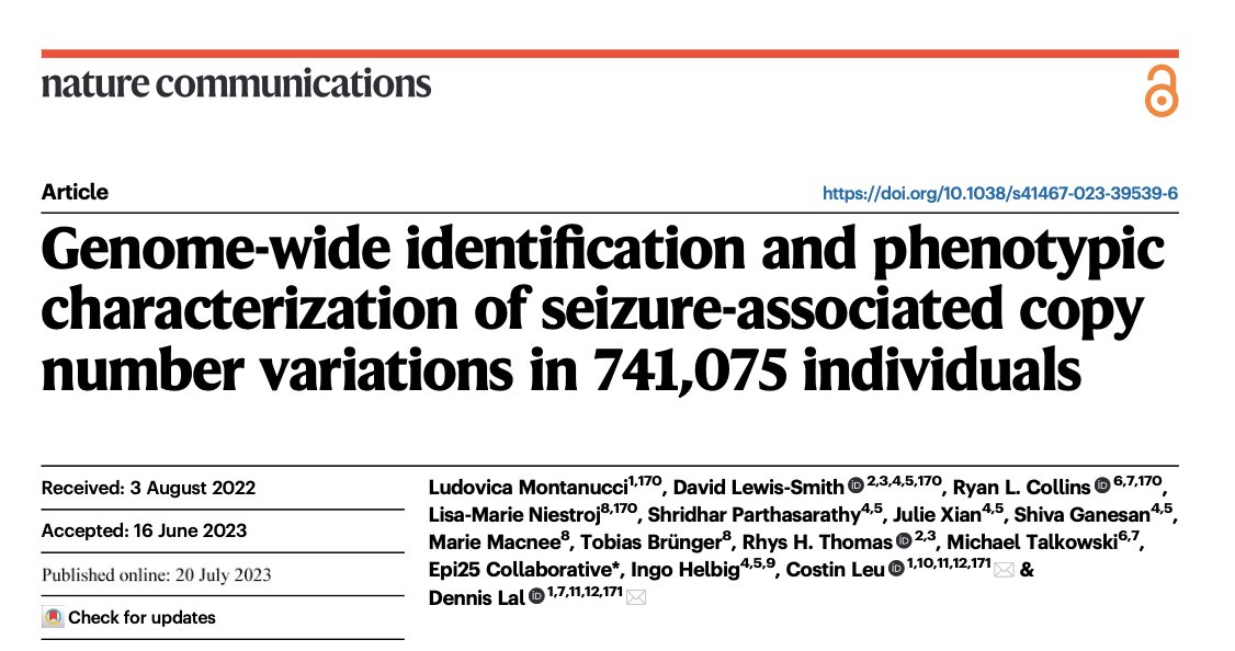 Tweet 1/5: New research from us: The largest chromosomal disorder seizures study to date: ‘Genome-wide identiﬁcation and phenotypic characterization of seizure-associated copy number variations in 741,075 individuals’ Link to study: rdcu.be/dhk2T