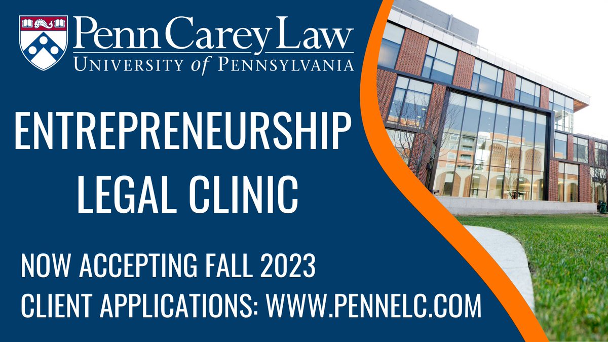 The Entrepreneurship Legal Clinic at Penn Carey Law School is accepting applications from entrepreneurs, social ventures, nonprofits, and small businesses to receive free transactional legal services in Fall 2023!
Apply: pennelc.com
More info: law.upenn.edu/live/files/126…