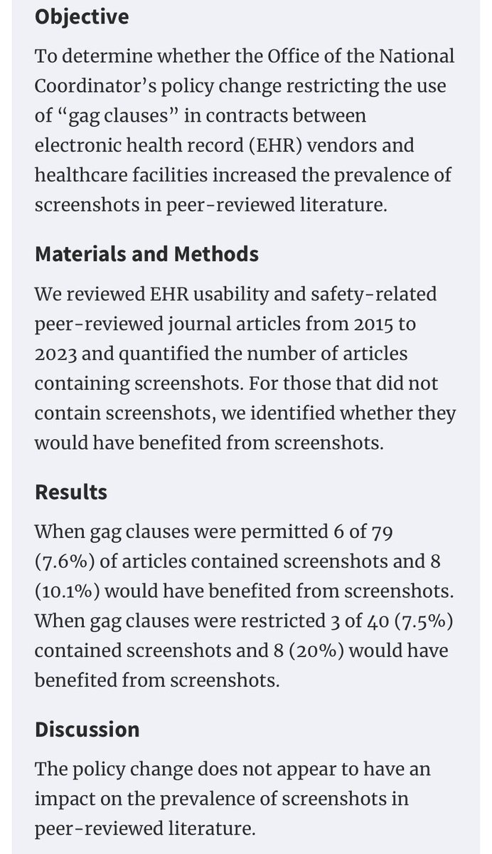 Has @ONC_HealthIT’s restriction of EHR gag clauses improved sharing of screenshots? Our analysis of journal publications published in @JAMIA_Journal before/after the rule shows no change in screenshot use while many articles would benefit from their use. tdy.lol/VTGiP