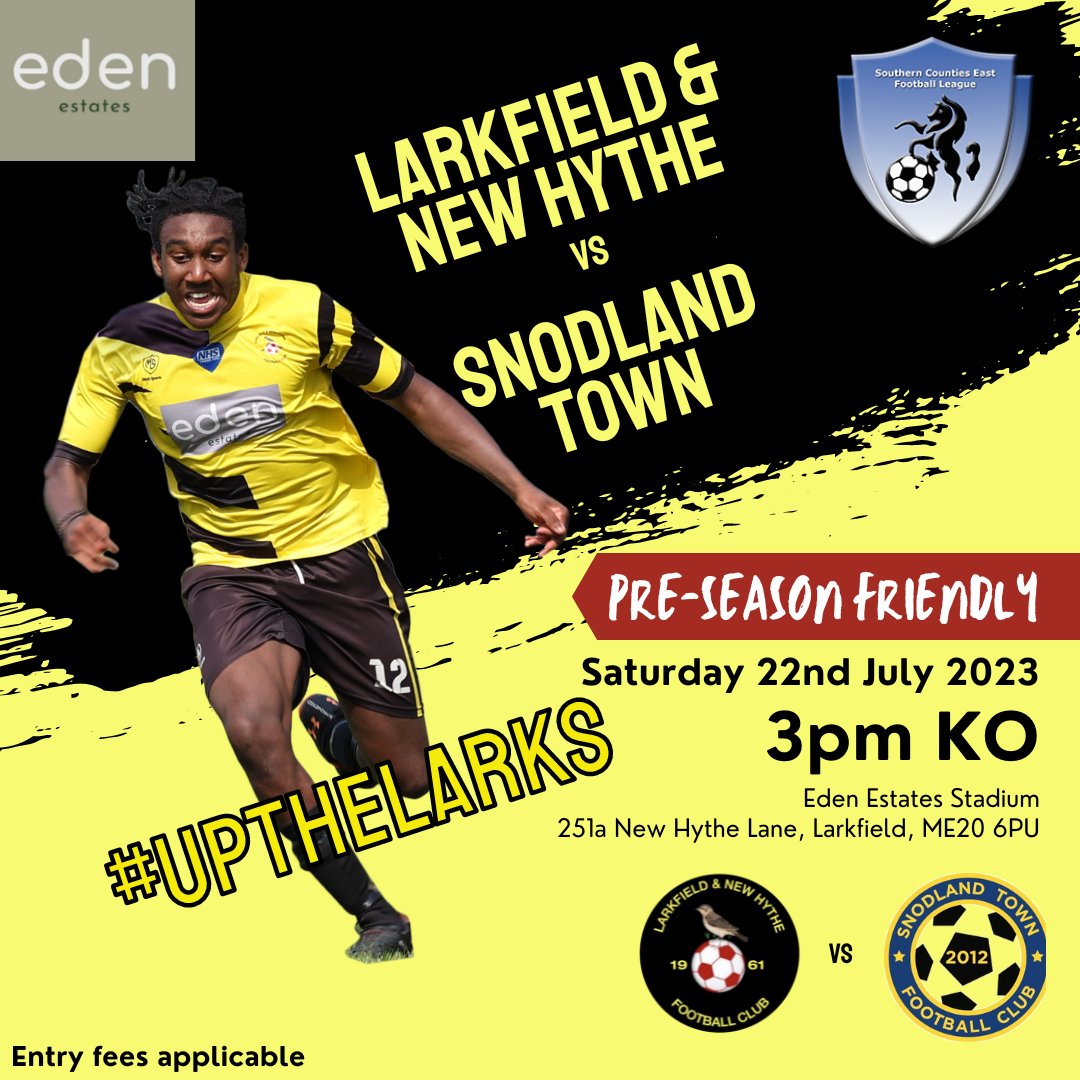 ⚽DROP US A LIKE IF YOUR ATTENDING. Would be great to see as many of you as possible supporting the lads!⚽ 🗓Saturday 22nd July ⏰ 3pm KO ⚽️ Larkfield & New Hythe v @snodlandtownfc 📍Eden Estates Stadium, 251A New Hythe Lane, Larkfield, ME20 6PU 💰Entry Prices Applicable