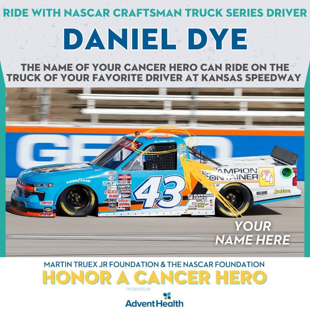 Honor your Cancer Hero and let them ride along with Daniel at Kansas Speedway! This year's @NASCAR_FDN / @MTJFoundation #HeroesRideAlong program is LIVE on eBay! 

Bid today: ebay.com/itm/1958610081…
