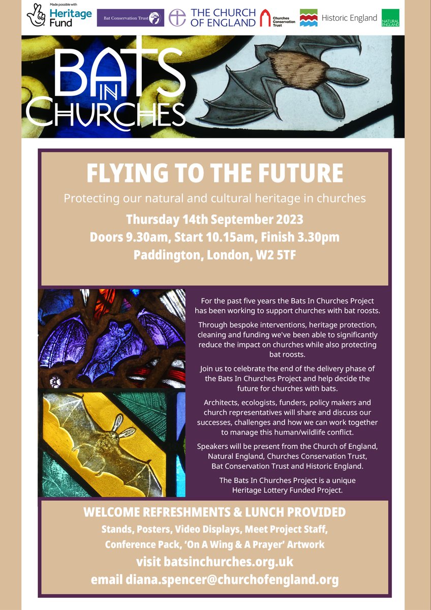 Join us on Thurs 14th Sep in London for 'Flying To The Future' our Bats in Churches Project Conference. Hear from architects, ecologists, funders, policy makers and churches, alongside @churchofengland @NaturalEngland @TheCCT @BCT and @HistoricEngland in a panel Q&A.