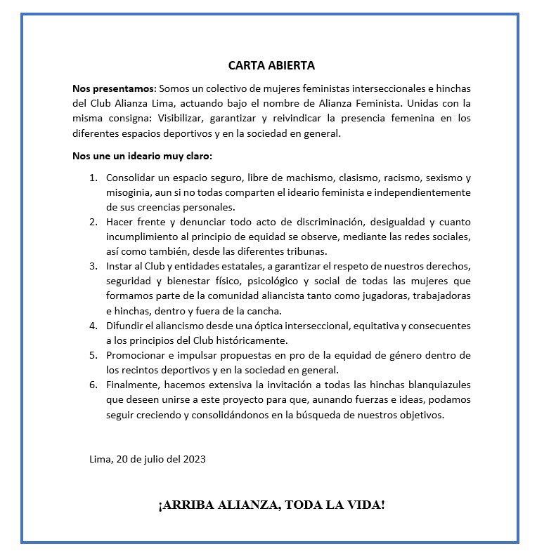 alfeminista1901's tweet photo. Compartimos nuestra carta abierta con la cual damos inicio a nuestras actividades como colectivo de mujeres e hinchas blanquiazules, Alianza Feminista. https://t.co/TM638HQpJC