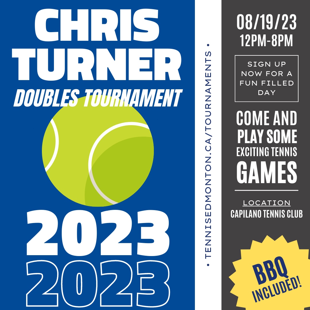 Join us on August 19th for the much-awaited Chris Turner Tennis Tournament! Whether you're a seasoned pro or a just starting out, this event is for you! See you on the courts! 💪⁠

Visit the link below to register:
tennisedmonton.ca/tournaments