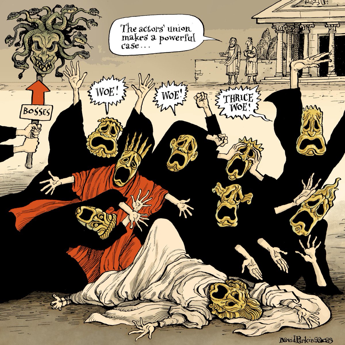 SieteSofi's tweet image. Magnífica visión de la huelga de actores #USA en clave de teatro clásico por David Pakins @globeandmail 🇨🇦#ActorStrike #HollywoodStrike 

➕#humor &amp;amp; #cine #Cinema #cartoon #cartoons 
👉vetustideces.blogspot.com/2023/07/humor-…