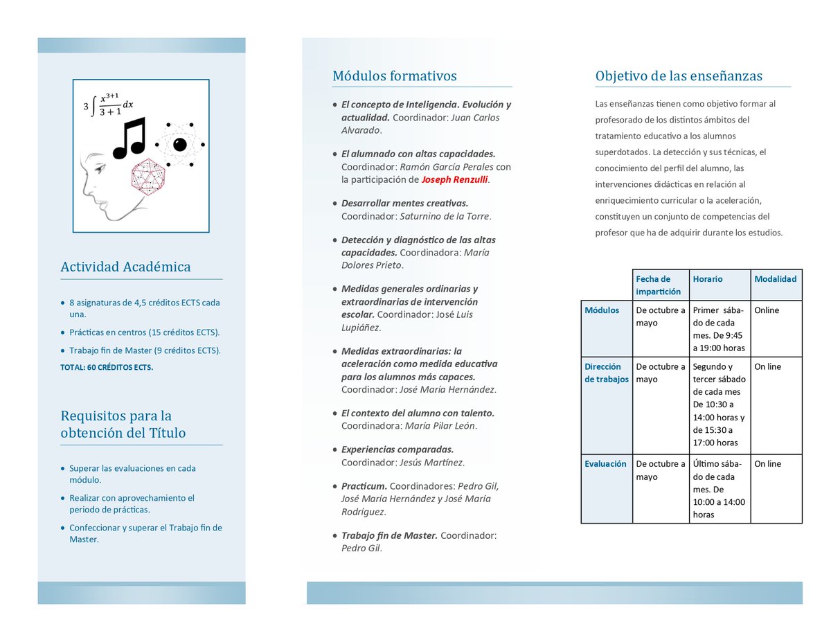 gil_madrona's tweet photo. Interesante Máster en Formación en Altas capacidades para maestros y profesores egresados en España @ComplutenseDe @UABBarcelona @UniversidadMHE @UMU @UA_Universidad @UNED @UDC_gal @unisevilla @InfoUMA @CanalUGR @ujaen @UJIuniversitat @ualmeria @UIBuniversitat https://t.co/BGmtoYGwGq