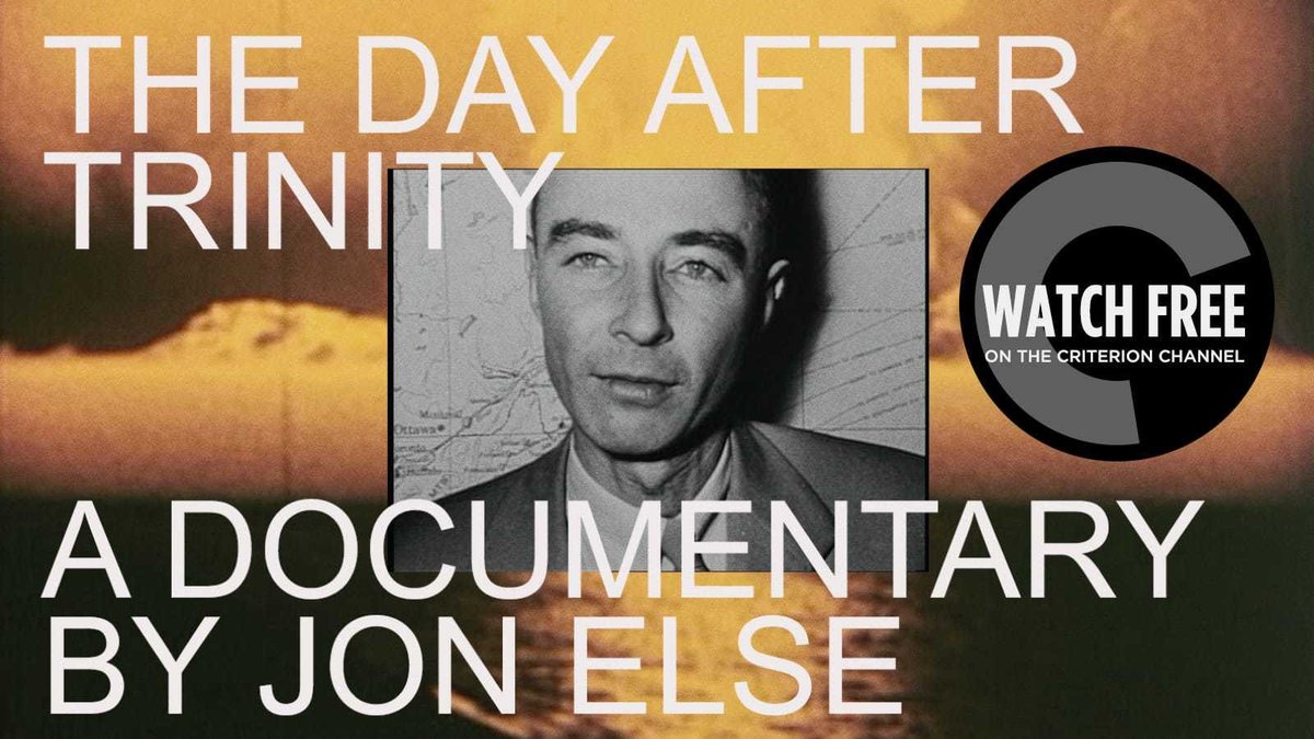 Criterion's tweet photo. Get ready for OPPENHEIMER by watching Jon Else’s THE DAY AFTER TRINITY—the original journey inside the mind of the man who made the atomic bomb—for free.
Now playing exclusively @criterionchannl & available to watch whether you have a subscription or not!
https://t.co/pkgaPHCKfb https://t.co/sd5NNfRKED