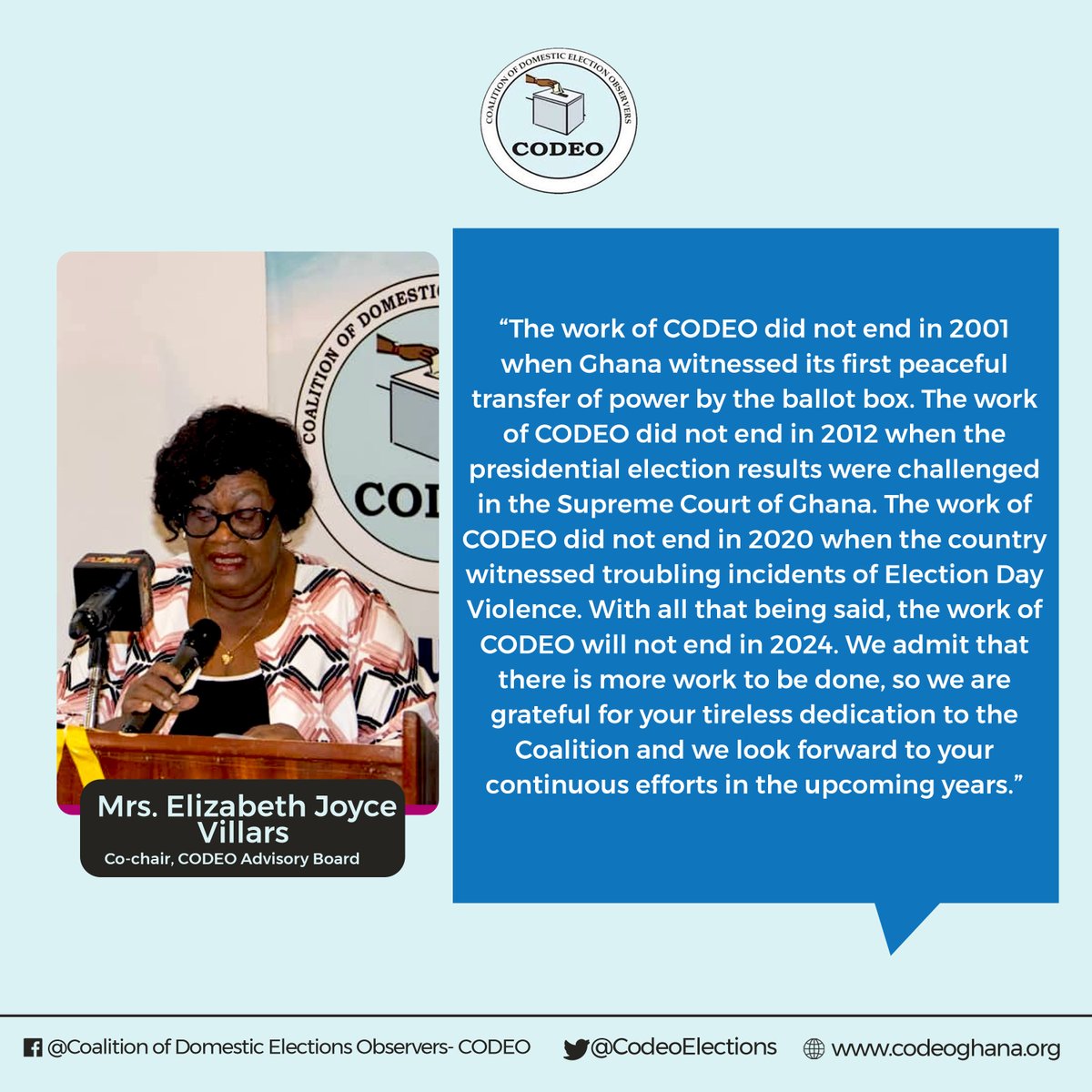 Amidst milestones and challenges, CODEO's mission remains unwavering. In her keynote address, Mrs. Elizabeth Joyce Villars emphasizes the need for stakeholders to persist in their continuous efforts, forging a path towards a brighter future of credible and peaceful elections.