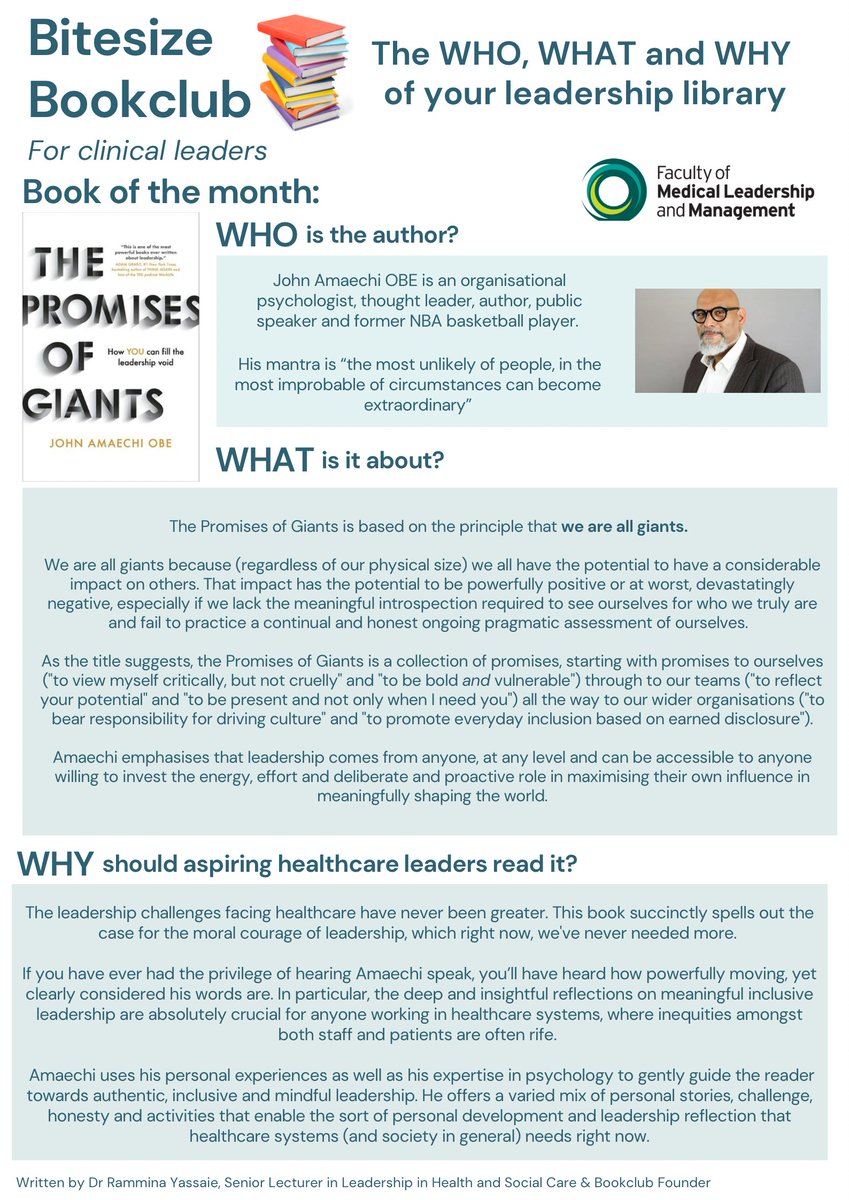 Q2 Why is the book “The Promises of Giants: How YOU can fill the leadership void" by <a href="/JohnAmaechi/">John Amaechi OBE</a>  relevant in todays healthcare systems?
#BMJLeaderchat

<a href="/RamminaY/">Rammina 🌍</a> <a href="/FMLM_TSG/">FMLM Trainee Steering Group</a> <a href="/FMLM_UK/">Faculty of Medical Leadership and Management</a>  <a href="/sanokondu/">sanokondu #BlackLivesMatter</a> <a href="/theQCommunity/">The Q community</a> <a href="/MKChan_RCPSC/">Ming-Ka Chan 陳明嘉, MD MHPE FRCPC 🇨🇦 #BLM</a> <a href="/jobusar/">JO Busari</a> <a href="/mountfordjames/">James Mountford 🇺🇦</a>  @nhsleader <a href="/NHSLeadership/">NHS Leadership Academy 💙</a>