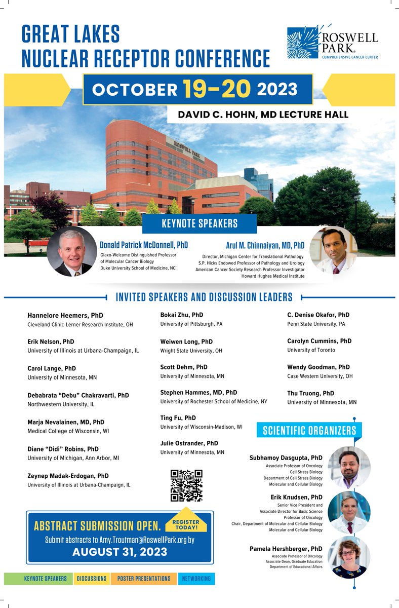 We're excited to announce the invited speakers for this year's Great Lakes Nuclear Receptor Conference! Abstracts now being accepted; for more information go to roswellpark.org/GLNRC2023
