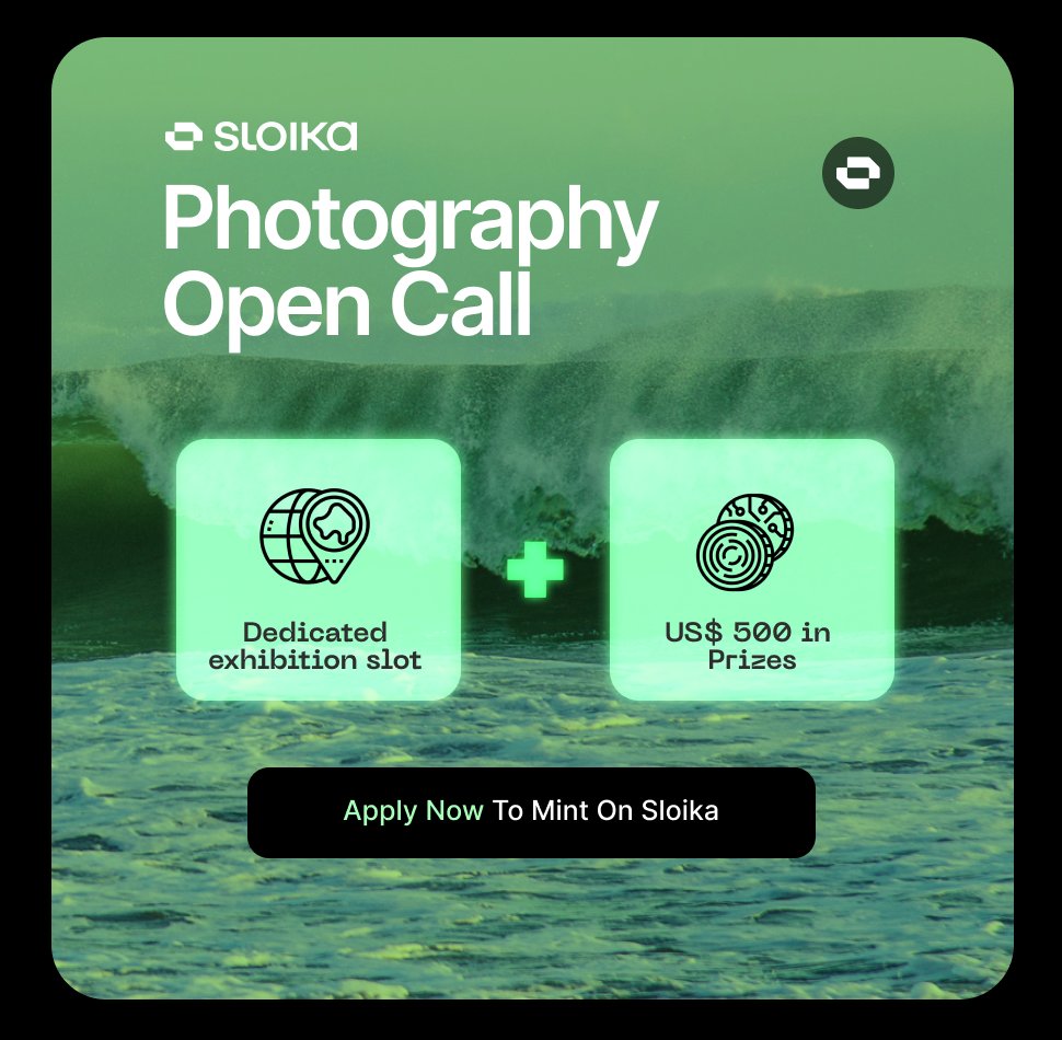 🚨 Photography Open Call 🚨

For pure photography. Get featured on Sloika and more!

Deets:
❖ Get a dedicated exhibition slot
❖ $500 in prizes (winners 1-3)

To apply:
❖ Reply with your best photo art
❖ Shortlisted participants to mint on Sloika
❖ Tag a friend
❖ RT/QT this