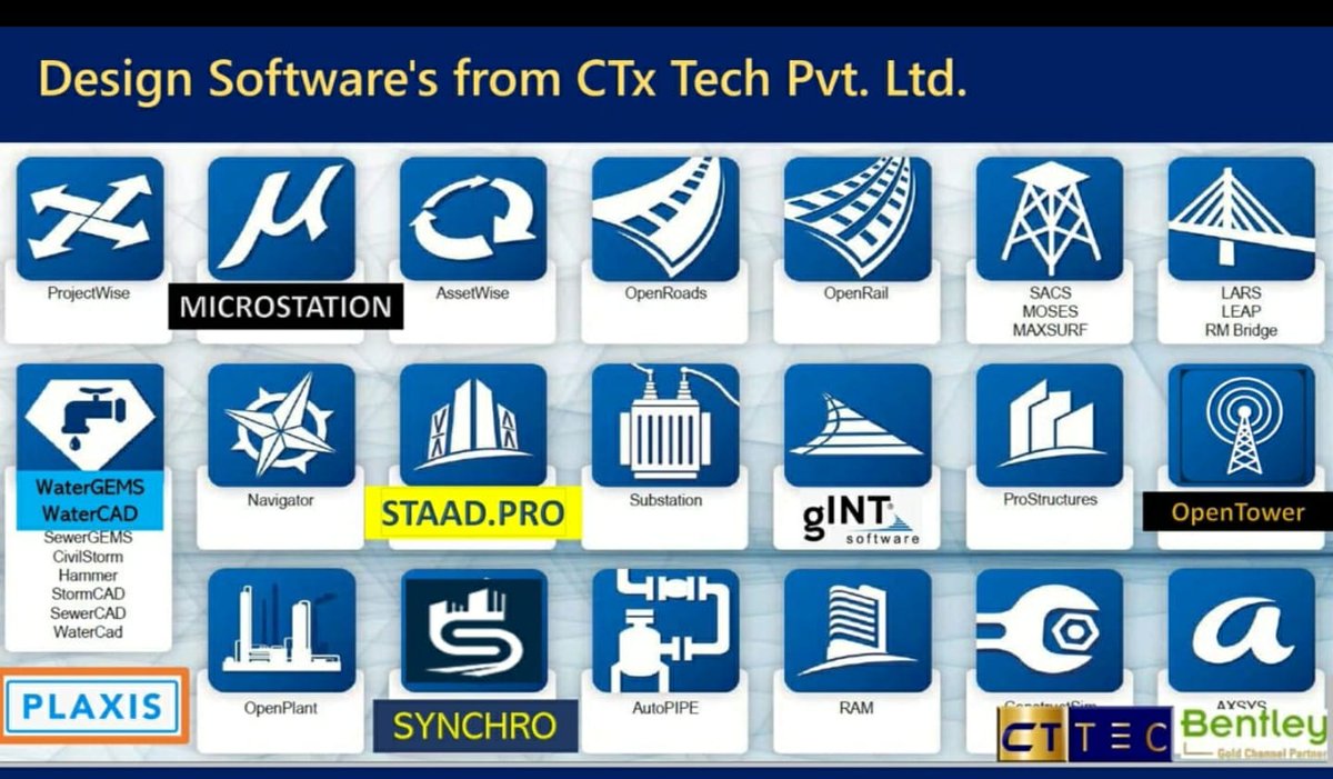 cttectweet's tweet photo. Civil engg. design and real time management software from CTxTechPvtLtd "BENTLY"
#StaadPro #WaterGems #Plaxis
#OpenPipe 
WhatsApp +919819244332 +919835212345
Bentley Gold Partner in India vivek@cttec.in +971502306503(Dubai)
Visit
https://t.co/YooxaHAxVx
https://t.co/Zsx3qwiAF0 https://t.co/I9RISYjIg6