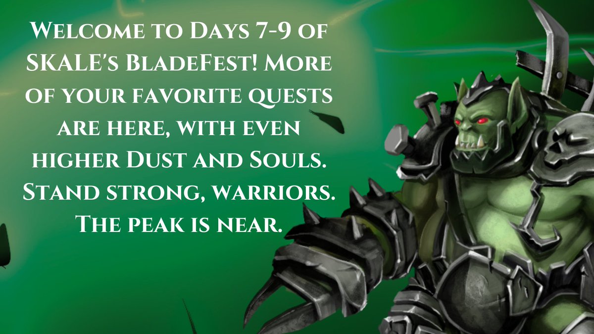 🔥 We're halfway through @SkaleNetwork's BladeFest: #Cryptoblades One-Year Journey! Welcome to Days 7-9! Buckle up for 6,667 tokens daily, an increased Dust count of 4.5, Souls boost to 1.5, and more thrilling quests. The climax awaits, warriors! 🚀⚔️ #BladeFest…