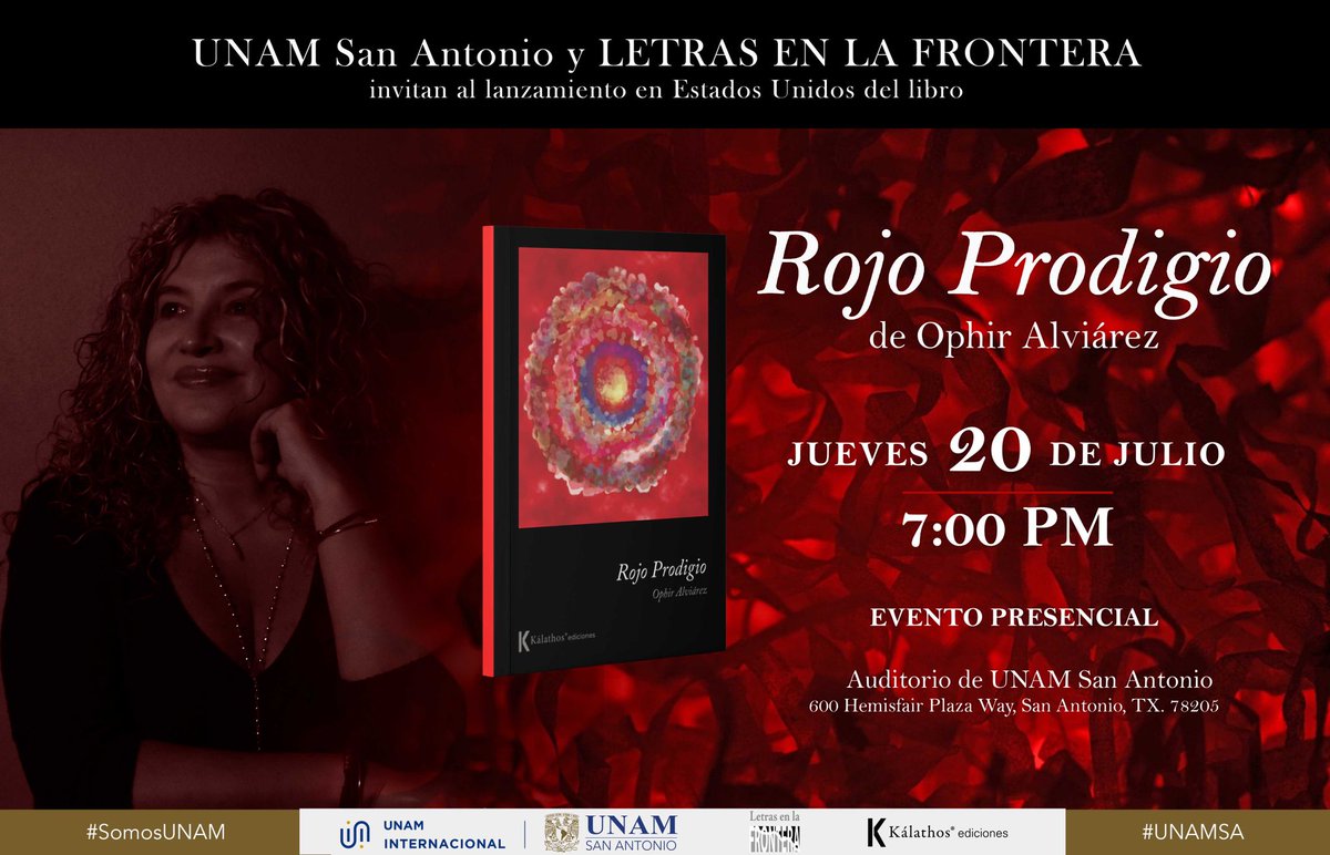 👉Recuerda que hoy jueves tenemos la presentación del libro “Rojo Prodigio” de la escritora Ophir Alviárez. ✨
📖 Jueves 20 de julio.
7:00 pm.
🌜Auditorio de la UNAM San Antonio.
Evento presencial y entrada libre.