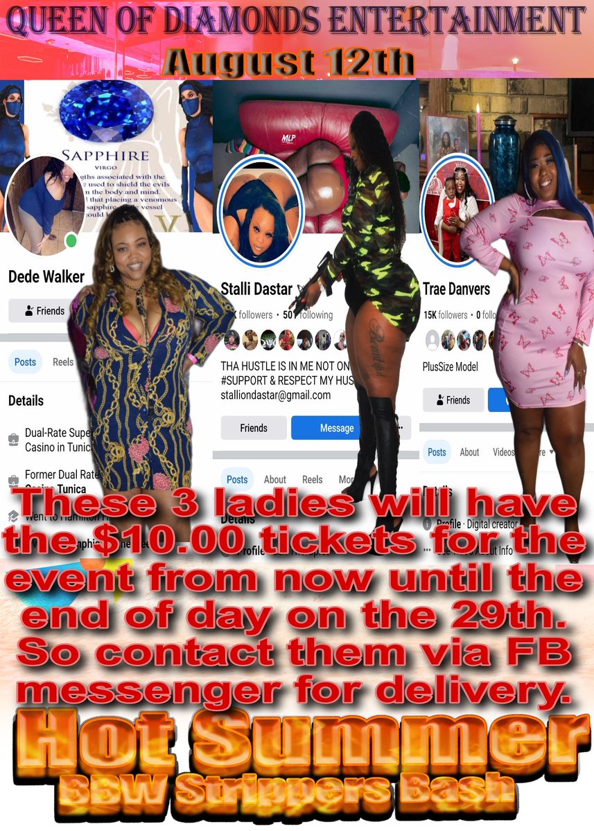 Queen Of Diamonds Entertainment (@qodbbwstrippers) on Twitter photo If you need $10 tickets for Hot Summer BBW Strippers Bash , contact Dede Walker, <a href="/DastarStallion/">stallion_dastar</a>, or <a href="/TraeDanvers/">BlueberryTrae</a>. The tickets are presumably going fast so you better get yours or be left in the void. @TheQODStrippers <a href="/Q_O_D/">QOD HennASSey N' Booty</a> <a href="/7sevenout/">Eric Stephone Thorne</a> If you need $10 tickets for Hot Summer BBW Strippers Bash , contact Dede Walker, <a href="/DastarStallion/">stallion_dastar</a>, or <a href="/TraeDanvers/">BlueberryTrae</a>. The tickets are presumably going fast so you better get yours or be left in the void. @TheQODStrippers <a href="/Q_O_D/">QOD HennASSey N' Booty</a> <a href="/7sevenout/">Eric Stephone Thorne</a>