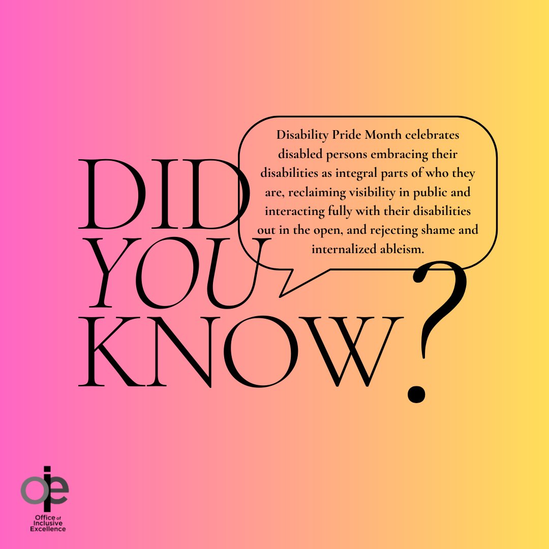 InclusionTando1's tweet photo. Did you know? Disability Pride Month celebrates disabled persons embracing their disabilities as integral parts of who they are, reclaiming visibility in public and interacting fully with their disabilities out in the open, and rejecting shame and internalized ableism. https://t.co/BCSK5wBs1r