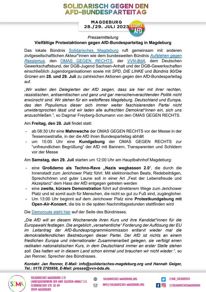 Was passiert nächste Woche am 28./29. Juli bei den #Protesten gegen den #Bundesparteitag der #noafd in #Magdeburg? Wer ist dabei und warum protestieren wir?

➡️Hier findet ihr die PM des Bündnisses mit den Einzelheiten: shorturl.at/eIKZ0

#MD2907 #Gegenhalten