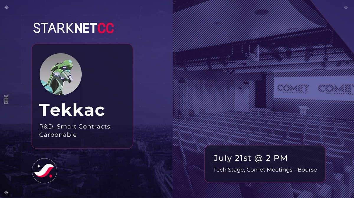 Carbonable_io's tweet photo. Carbonable’s mission is to explore how innovation, including blockchain technology, can drive progress in carbon investing. 🌍 It’s why we’re thrilled to share that our own @tek_kac will be sharing the team's latest research and insights on On-chain Dynamic NFTs at @StarknetCC in Paris tomorrow! 🚀
🗓️ Date/Time: July 21st, 2pm CEST
📍 Location: Tech Stage, Comet Meetings - Bourse
The conversation will cover:
🔄 How to use the power of Starknet to generate metadata that evolves over time.
🔗 The significance of on-chain verifiable metadata for decentralization & trustlessness.
🎨 Enhancing NFT composition leveraging data from varied protocols.
Drawing on his expertise, Tekkac will shed light on how these elements of blockchain technology can advance the NFT landscape and, in turn, help further transparency in carbon investing.
Hope you can make it! 🙌
#NFTs #Blockchain #Starknet