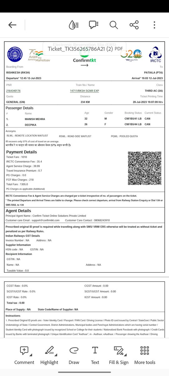 manishmehra63's tweet photo. @ConfirmTKT ये ट्रैन indian रेलवे द्वारा कैंसिल की गयी फिर भी confirm ticket app walo ने मेरे 241 ₹ काट लिये और मुझ पर blame कर रहे है कि ये टिकट पैसेंजर ने कैंसिल किया है, प्लीज return my remaining refund amount as soon as possible
All proof attached https://t.co/A0ySZ57OpA