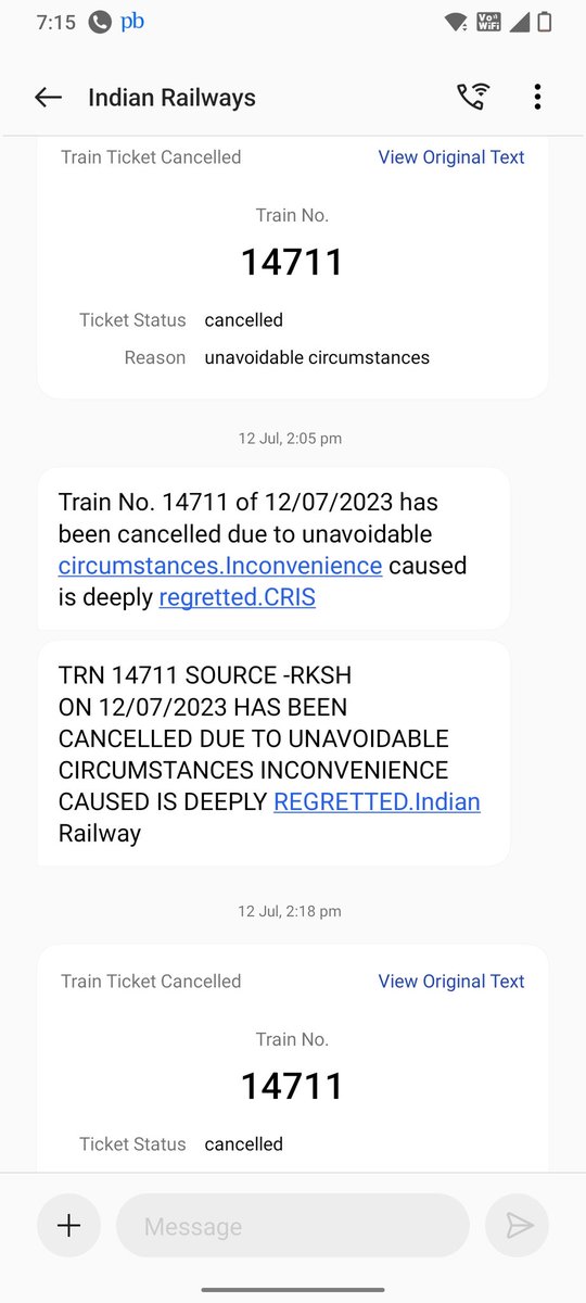 manishmehra63's tweet photo. @ConfirmTKT ये ट्रैन indian रेलवे द्वारा कैंसिल की गयी फिर भी confirm ticket app walo ने मेरे 241 ₹ काट लिये और मुझ पर blame कर रहे है कि ये टिकट पैसेंजर ने कैंसिल किया है, प्लीज return my remaining refund amount as soon as possible
All proof attached https://t.co/A0ySZ57OpA