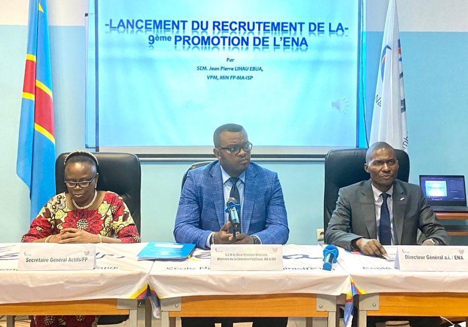 FPubliqueRDC's tweet photo. Administration Publique : L'ENA recrute ! En cet instant, le VPM @LihauEbua préside dans l'auditorium de l'ENA-RDC à Kinshasa, la cérémonie de lancement du recrutement de la 9è promotion de l' @EnaRDC_Officiel pour la session 2023-2024.

Cérémonie en cours... Nous y reviendrons

@BosekoBob @dany_kab @lilembu_pierre @carloskaloto