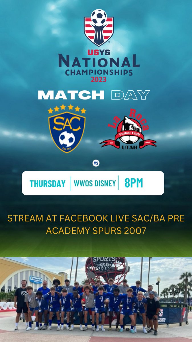 Big day for the 2007 SAC/Armour Pre Academy Spurs.   A win tonight at 8PM puts us into the USYS National Semifinals.  Watch the boys on Facebook Live SAC/BA Pre-Academy 2007 or on the Veo Live App at SAC Spurs.  Lets Go Spurs