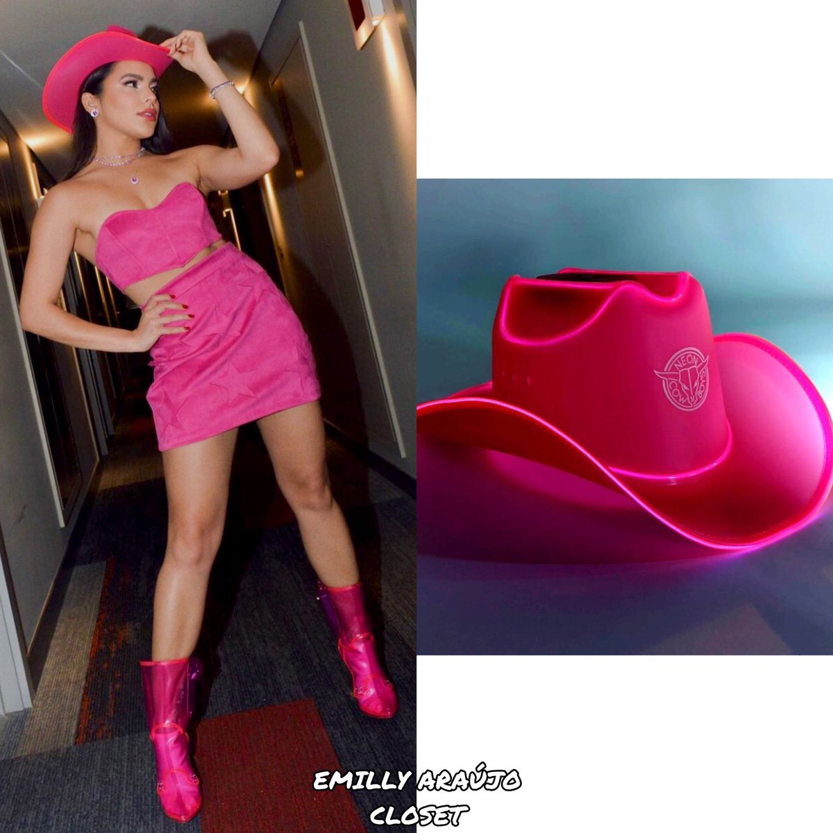 EmillyCloset's tweet photo. .@emillyaraujoof está usando:

1. @ateliesamuadias “Top Virgínia - Pink” - (R$ 179,90). 
2. @ateliesamuadias “Saia Stars - Pink” - (R$ 279,90).
3. @neoncowboys “Out Past Midnight Boots - Pink - (R$ 1.704,00).
4. @neoncowboys “Chapéu Neon Cowboys - BeauPeep (Rosa)” - (R$ 317,00). https://t.co/J6ShtauPec
