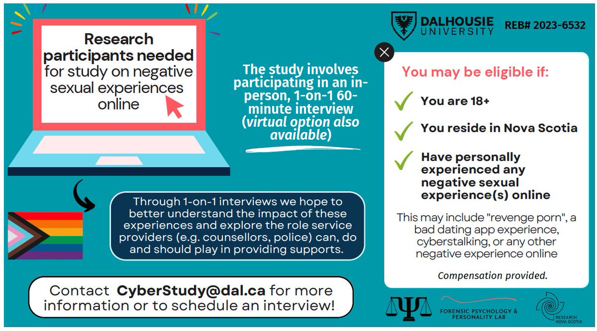 JulieBlais9's tweet photo. We’re looking for individuals in Nova Scotia to share their stories of negative online sexual experiences. Please reach out to CyberStudy@dal.ca for more info on how to participate. We’re currently scheduling interviews for July/August. Please share widely - thank you! https://t.co/36U9lXEQGS