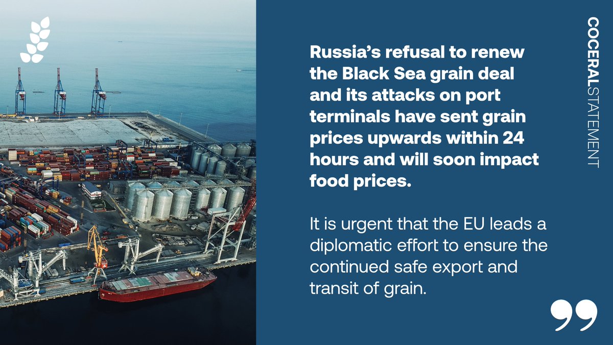 Food is being weaponised via these horrific attacks by Russia on civilians and port infrastructure. Russian attacks and statements are immediately affecting #FoodSecurity and prices. If this continues, it will reverberate throughout the EU and into wider global markets ⬇️