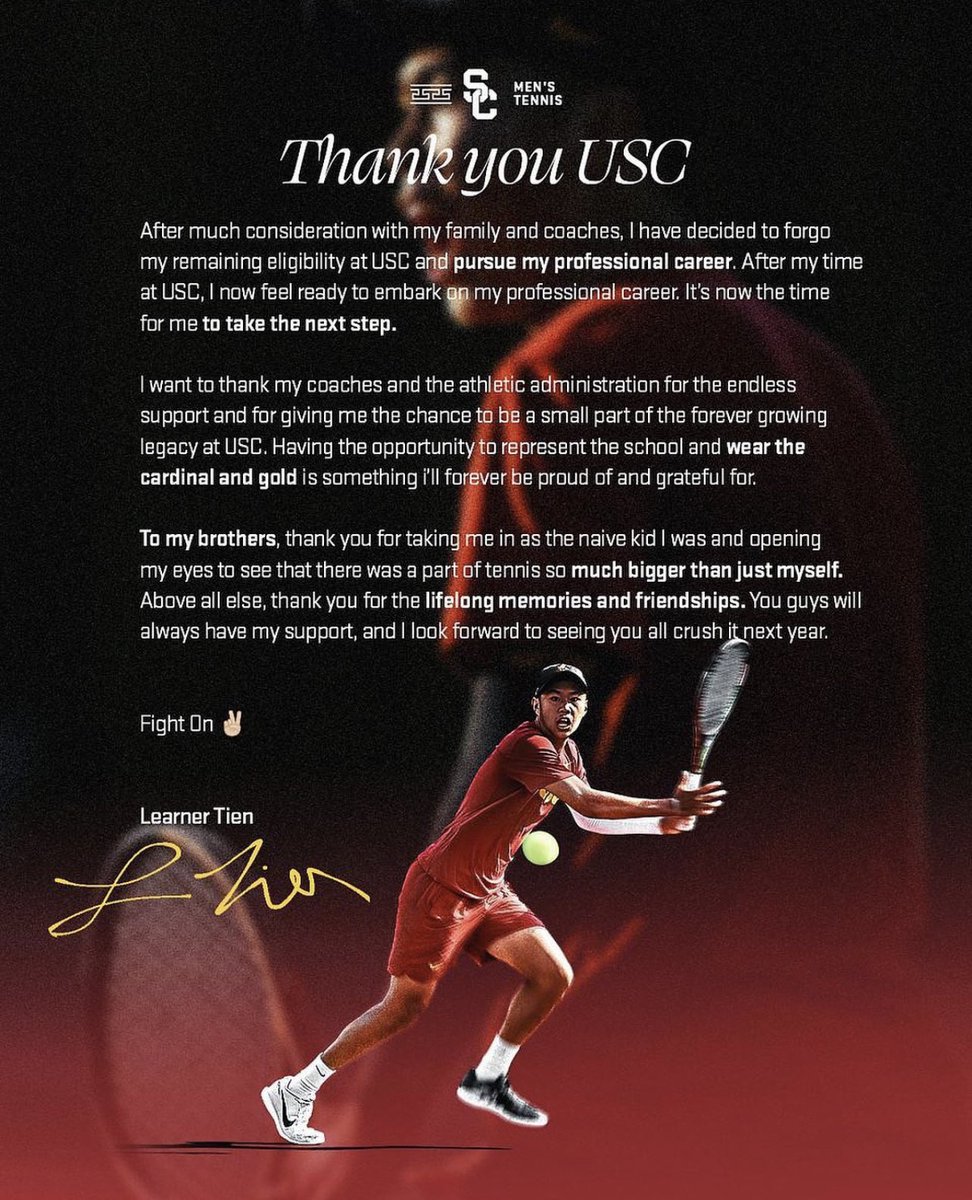 First1Break's tweet photo. BIG NEWS from First Break Alumni, @learnertien 👏👏👏 Congratulations on your decision to pursue a professional career! We couldn’t be more proud and we’re wishing you the very best on your journey. 💙 

#RampItUp #USC #USCTrojans #ATP #FirstBreakAcademy https://t.co/OMfTQn4Eth