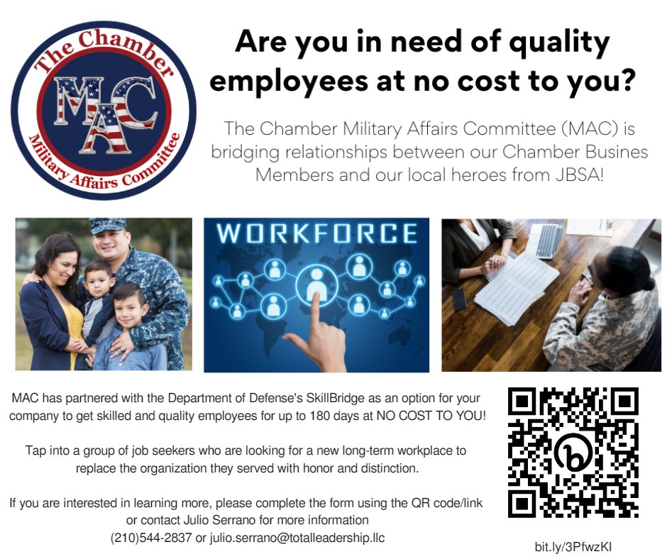 CiboloEconDev's tweet photo. The Military Affairs Committee, The Chamber (MAC) has now partnered with the U.S. Department of Defense (DoD)'s SkillBridge Program!

Please contact Julio Serrano for more information at julio.serrano@totalleadership.llc or 210-544-2837. https://t.co/J4nkqOpjoU