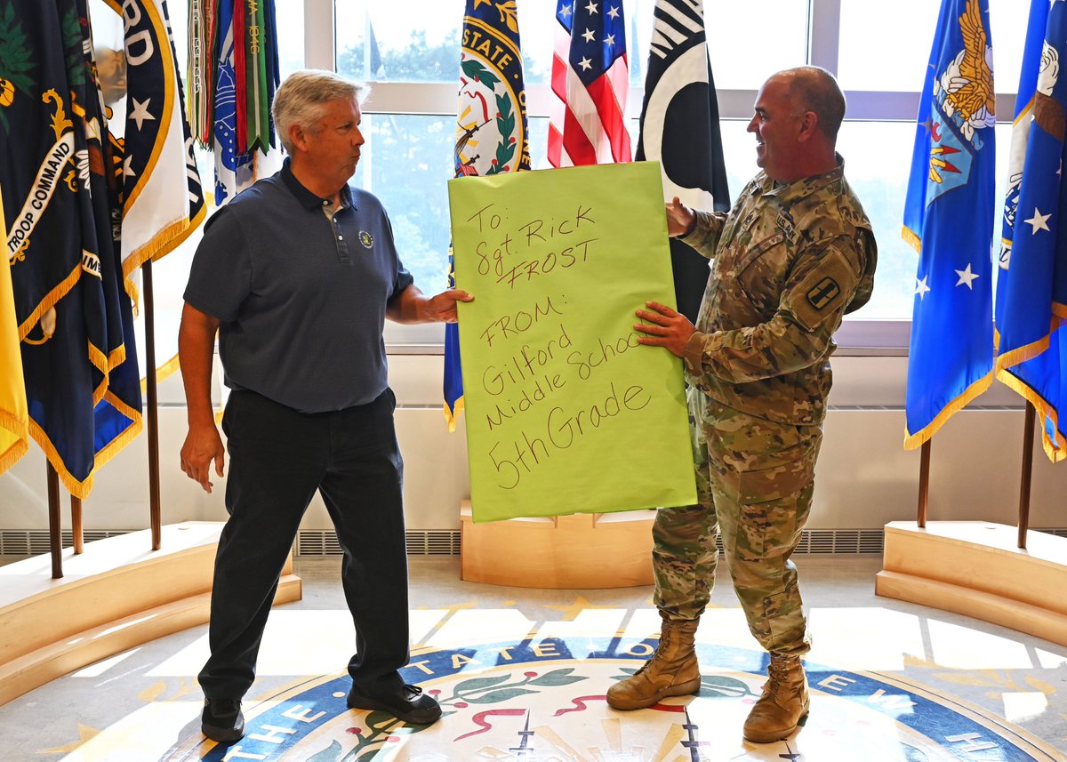 Jumbo Appreciation

Gilford teacher Jack Donovan presents SFC Rick Frost of @NHNationalGuard Counterdrug a giant card July 19 at the state military reservation in Concord. Fifth graders crafted the gift in appreciation of Frost who instructed their 10-week D.A.R.E. course. https://t.co/le6GR9OIW2