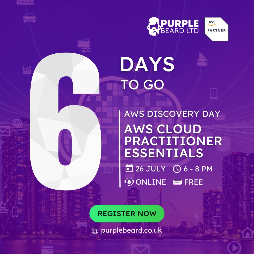 Only 5 Days Left! ⏳ Join us on 26th July at 6 PM to kickstart your cloud transformation journey. Grab your chance to delve into cloud topics such as security, data strategy, machine learning, and cloud migration. Register here: bit.ly/3NCOpEZ #aws #Cloud #PurpleBeard