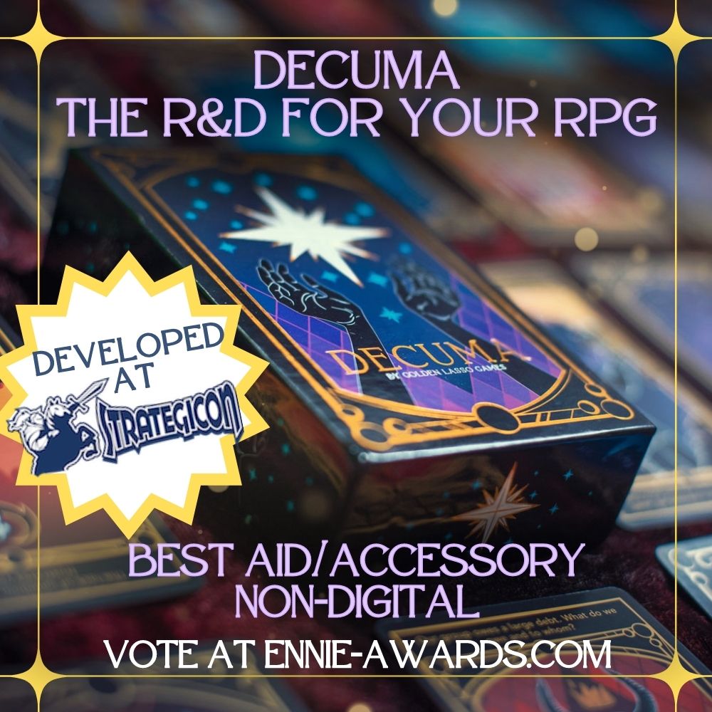Plus10toAWESOME's tweet photo. @strategicon @StrategiconRPG One of our own, Kimi of Happy Jacks RPG and Golden Lasso Games has been nominated for an Ennie for her Decuma game. This game was playtested here and this community was part of some really smart design. https://t.co/vYwH9U2aS2 . https://t.co/jB1y9okJX3
