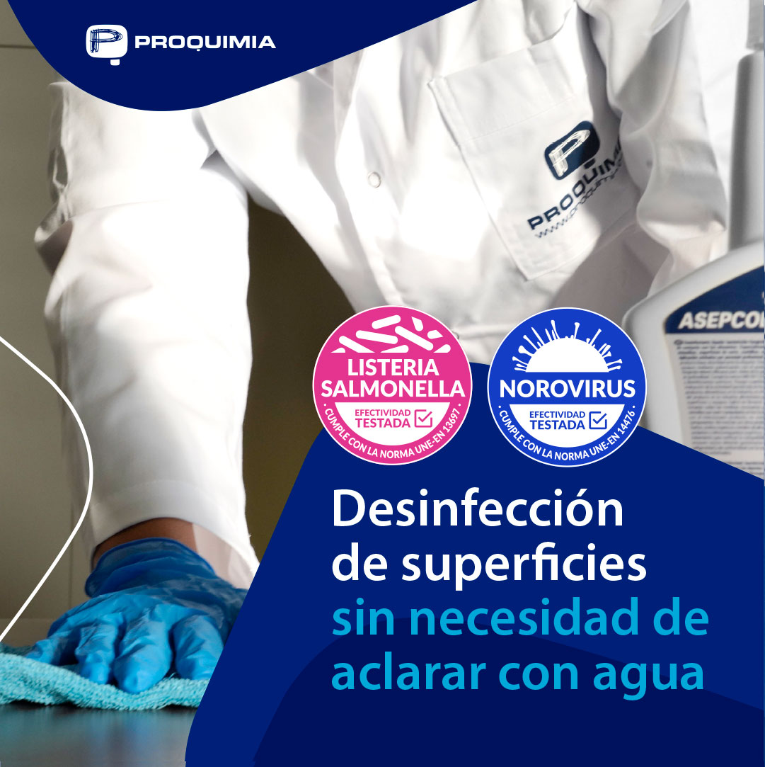 ¡LIMPIEZA Y DESINFECCIÓN SIN ACLARADO!
ASEPOCL PLUS y ASEPCOL WHO con registro biocida (según Reglamento UE N º 528/2012) para aplicaciones PT2  y PT4, están especialmente indicados para pulverizar sobre superficies en contacto con alimentos y no requieren ser aclarados con agua.