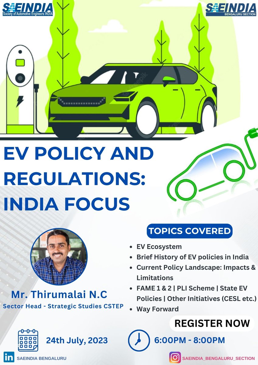 SaeindiaB's tweet photo. Register - https://t.co/R0GfvL53ig
PDP Online Webinar - EV Policy and Regulations: India Focus
Date - 24th July 2023
Time - 6:00 pm to 8:00 pm
Speaker - Mr. N C Thirumalai, Sector Head - Strategic Studies at CSTEP https://t.co/zkehQsBuBW