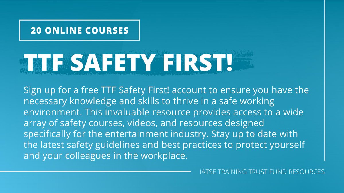 IATSETTF's tweet photo. The TTF Safety First! Online Courses provide access to information, videos, and resources designed specifically for the entertainment industry. Sign up for a free account today to stay up to date with the latest safety guidelines and best practices. https://t.co/4xVSesPvSh https://t.co/pk3N4FLuSm