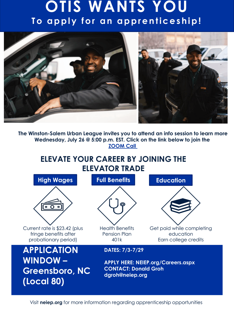 wsurban's tweet photo. Join us Wednesday, July 26, at 5pm for an info session to learn more about the National Elevator Industry Educational Program (NEIEP) and how you can elevate your career by joining the elevator trade!

This info session will take place via Zoom. https://t.co/nILlbvviYm https://t.co/RQvwRB7SXT