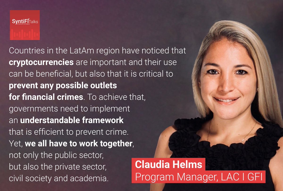 SyntiFi's tweet photo. ποΈ#SyntiFiTalks on air with @ClaudiaMHelms, Program Manager LAC at @IllicitFlows
Cryptocurrencies bring various benefits to the LatAm region, but also pose financial crime risks
π§ Tune in to discover why this is the case & how to mitigate these risks: https://t.co/wfOAQdW31c https://t.co/iEeOHxTyWM