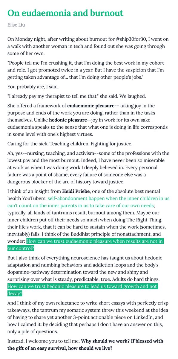 I've been thinking on work, and how to balance hedonic (present-focused) and eudaemonic (future-focused) pleasure. 

AFAICT, both are traps, there is no solution, and the problem does not reduce to a single answer on how to live. 🤷🏻‍♀️ Feel free to prove me wrong!