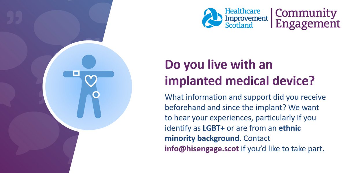 HISengage's tweet photo. We’re currently gathering people’s experiences of living with an implanted medical device since 2015, to inform @scotgovhealth policy, and want to hear from YOU – especially if you identify as LGBT+ or come from an ethnic minority background.
Interested? Email info@hisengage.scot https://t.co/RyFAgoCs70