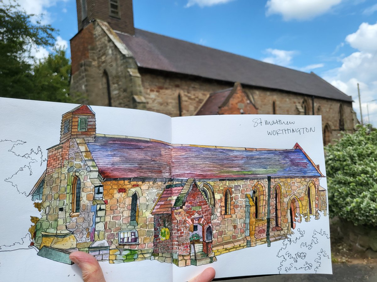 My 64th church #stmatthew #worthington #ashbydelazouch on, finally, a 'perfect weather for drawing' day. Was invited and looked after by the church warden and met some friendly church folk. Fell in love with this village! #hayleydrawschurches #leicesterdiocese  #artpilgrimage