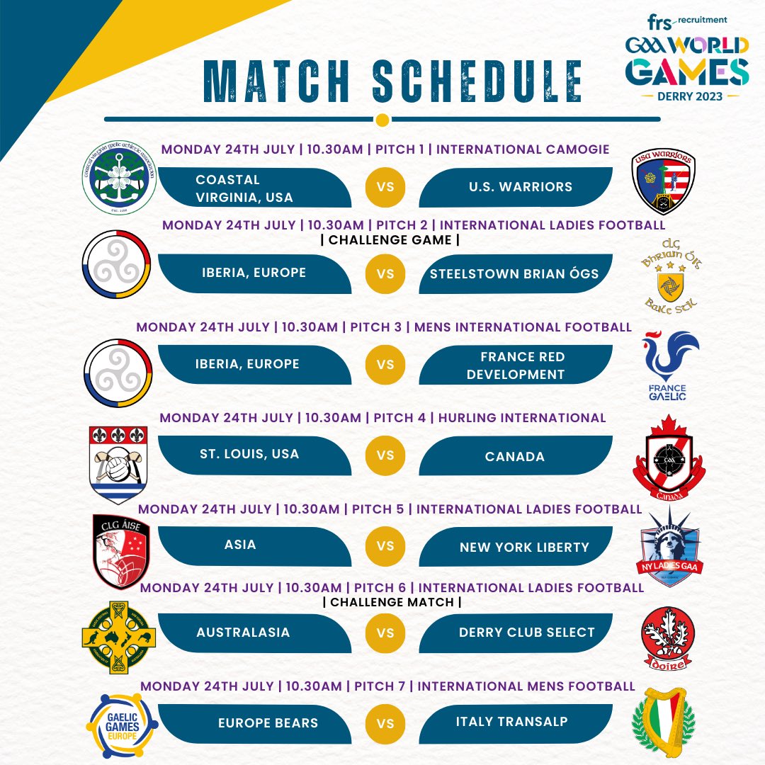 GAAworldgames's tweet photo. Fixtures are out 📄

Check out some of the games across 7 pitches on Monday morning 24th July 🌍 

Check out the link below to find the official fixtures list! Not long now ⏰ 

Click: https://t.co/c3LAa0pnPm

#FRSGAAWorldGames https://t.co/Cwp4mm0hkn