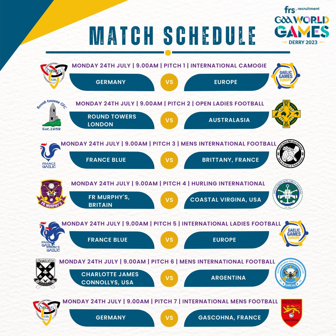 GAAworldgames's tweet photo. Fixtures are out 📄

Check out some of the games across 7 pitches on Monday morning 24th July 🌍 

Check out the link below to find the official fixtures list! Not long now ⏰ 

Click: https://t.co/c3LAa0pnPm

#FRSGAAWorldGames https://t.co/Cwp4mm0hkn