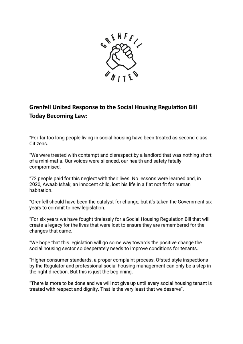 Over 6 years after the Grenfell fire, the Social Housing Regulation Act is now law. This is the first step in the reform the sector sorely needs, and we thank everyone who has campaigned for these changes, and who continue to fight for better treatment of social housing tenants.