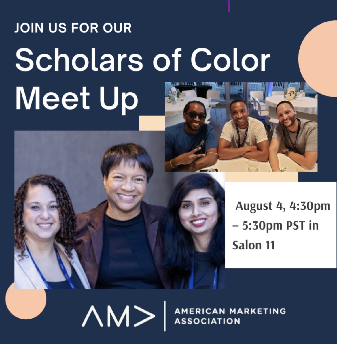 Join <a href="/MEFAssoc/">MEFA</a> for a nice pre-meeting for the anniversary dinner at a refreshing gathering at @AMA to reconnect with our community amidst the bustling AMA atmosphere! 
The Scholars of Color Affinity Group is hosting a meet-up, and we invite you to join us . 
Let's come together!
